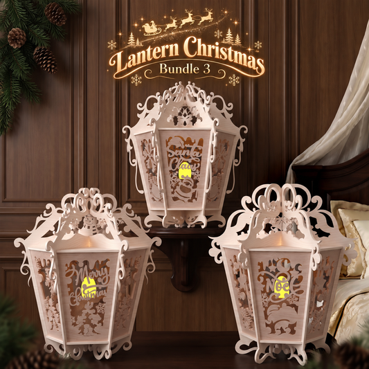 Christmas Lantern Laser Cut Bundle, 3 Ornate Wooden LED Tea Light Lantern Holiday Decor Designs