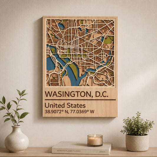 Multilayer Washington DC City Map Wall Art 3D Wood Map Plaque Vector Design File Compatible with All Laser Cutting Machines and CNC Routers