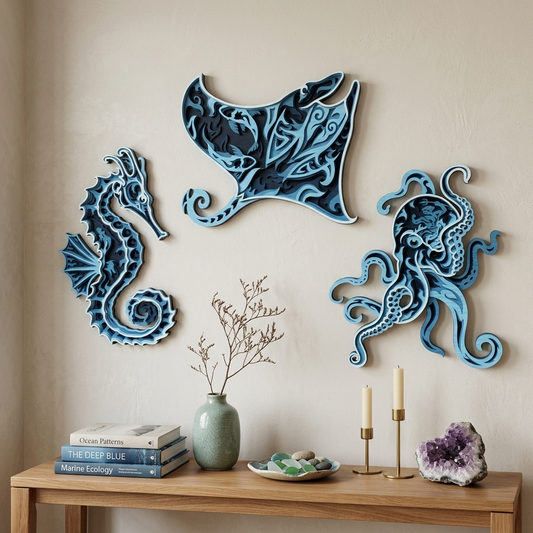 SVG DXF File Multilayer Ocean Life Wall Art Bundle Laser Cut 3D Sea Creature Design for Glowforge Home Decor | CUTSVG.COM