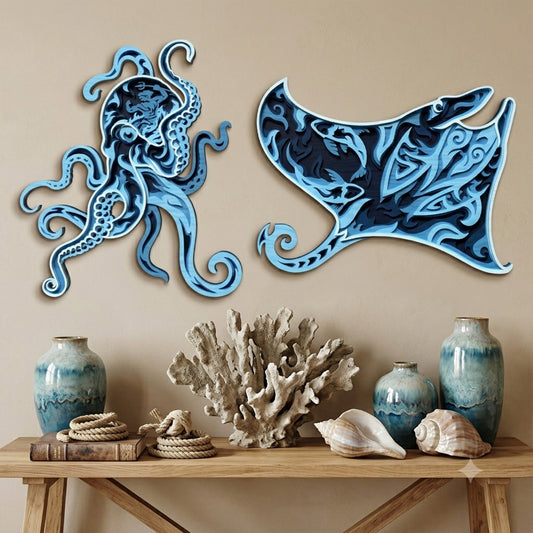 SVG DXF File Multilayer Ocean Life Wall Art Bundle Laser Cut 3D Sea Creature Design for Glowforge Home Decor | CUTSVG.COM