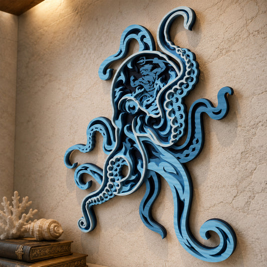 SVG DXF File Multilayer Octopus Poseidon Laser Cut 3D Ocean Wall Art Design for Glowforge Wood | CUTSVG.COM