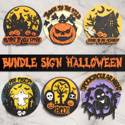 Halloween Round Sign Bundle Laser Cut Files SVG DXF | Haunted House Pumpkin Ghost Skeleton Wall Decor | Glowforge LightBurn Digital Download