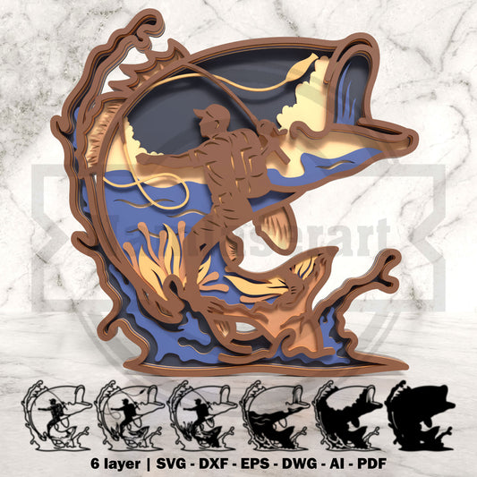 Fisherman Bass Fish Shadow Box Laser Cut File SVG DXF | 6 Layer Fishing Wall Art Template | Glowforge LightBurn Digital Download