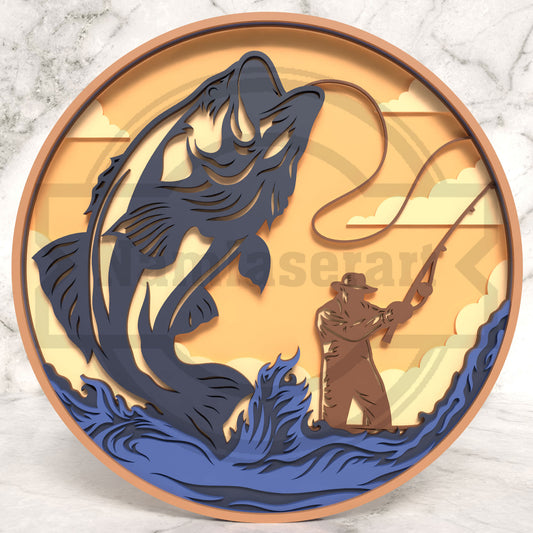 Bass Fishing Shadow Box Laser Cut File SVG DXF | 6 Layer Round Fisherman Wall Art | Glowforge LightBurn Digital Download