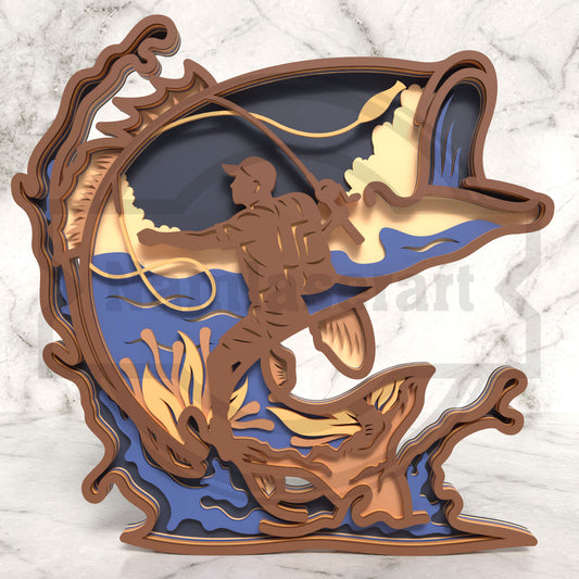 Fisherman Bass Fish Shadow Box Laser Cut File SVG DXF | 6 Layer Fishing Wall Art Template | Glowforge LightBurn Digital Download