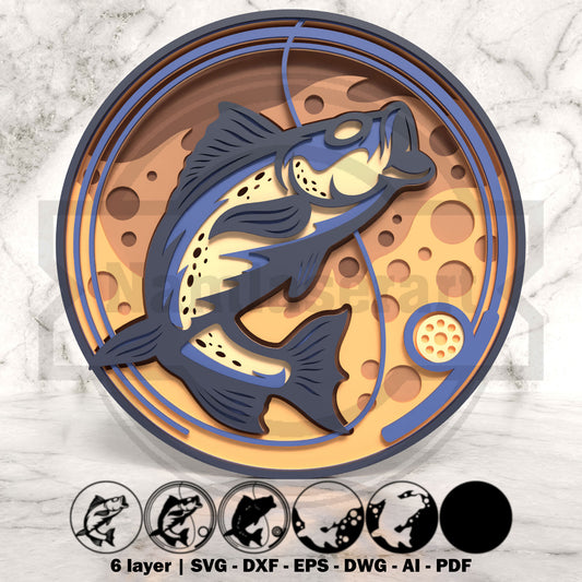 Bass Fish Round Laser Cut File SVG DXF | 6 Layer Fishing Shadow Box Wall Art | Glowforge LightBurn Digital Download