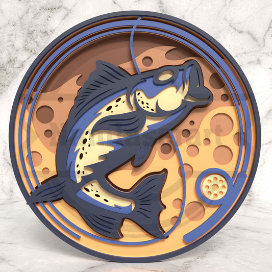 Bass Fish Round Laser Cut File SVG DXF | 6 Layer Fishing Shadow Box Wall Art | Glowforge LightBurn Digital Download