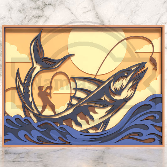 Big Fish Fishing Shadow Box Laser Cut File SVG DXF | 6 Layer Fisherman Ocean Wall Art | Glowforge LightBurn Digital Download