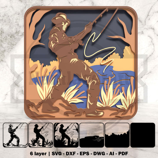 Fisherman Shadow Box Laser Cut File SVG DXF | 6 Layer Fishing Wall Art Template | Glowforge LightBurn Digital Download
