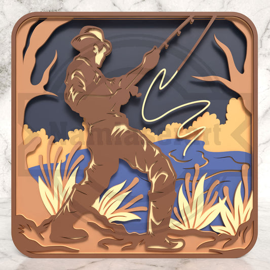 Fisherman Shadow Box Laser Cut File SVG DXF | 6 Layer Fishing Wall Art Template | Glowforge LightBurn Digital Download