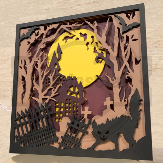 Haunted House Halloween SVG | Layered Halloween Shadow Box SVG | Spooky Graveyard Moon Scene Laser Cut File for Glowforge