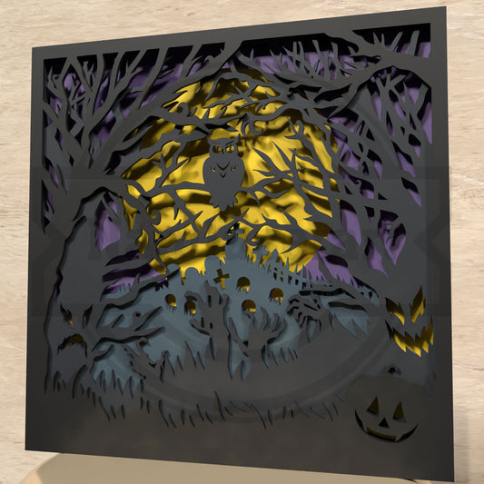 Halloween Graveyard Shadow Box SVG | Layered Cemetery Halloween SVG | Owl Moonlight Laser Cut File for Glowforge & xTool
