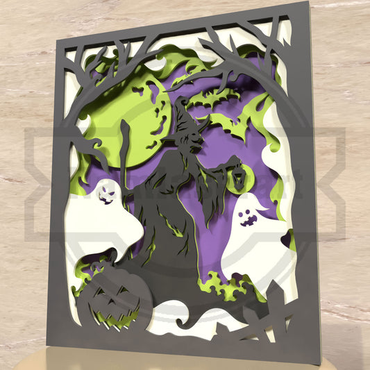 Halloween Witch Ghost SVG | Layered Halloween Shadow Box SVG | Spooky Witch Lantern Laser Cut File for Glowforge & xTool