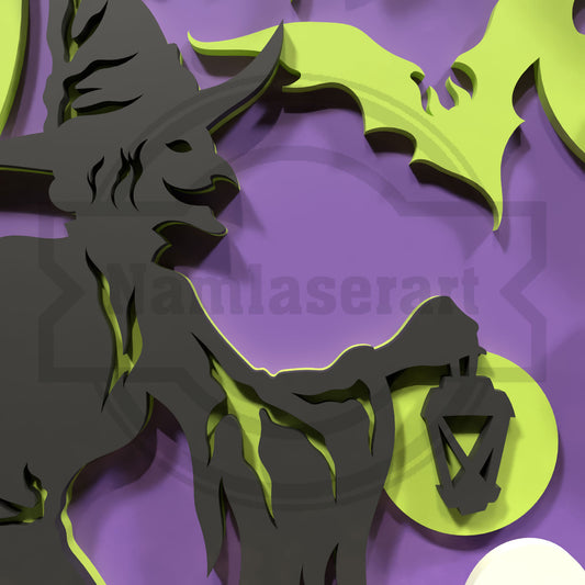 Halloween Witch Ghost SVG | Layered Halloween Shadow Box SVG | Spooky Witch Lantern Laser Cut File for Glowforge & xTool