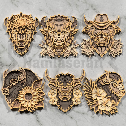 Multilayer Highland Cow Laser Cut 3D Sunflower Bison Vector Design for All Laser Cutters xTool Glowforge CNC Wall Art
