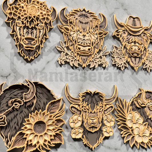 Multilayer Highland Cow Laser Cut 3D Sunflower Bison Vector Design for All Laser Cutters xTool Glowforge CNC Wall Art
