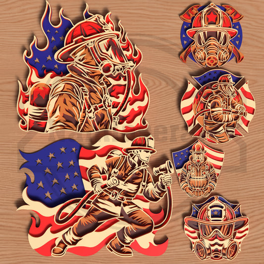 7 Multilayer Firefighter Design Laser Cut Bundle | Layered Fireman SVG Files | Fire Rescue Wall Art for Glowforge, xTool, LightBurn & CNC