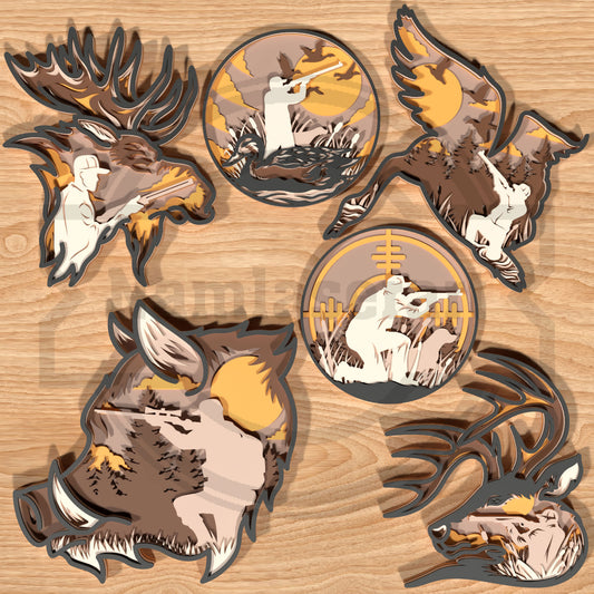 6 Multilayer Hunting SVG Bundle | Layered Deer, Duck, Elk & Hunter Laser Cut Files | Outdoor Wall Art for Glowforge, xTool, LightBurn & CNC