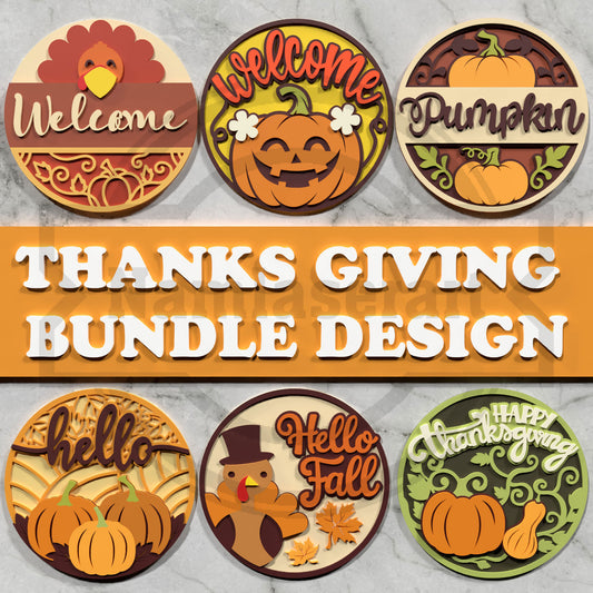 Thanksgiving Welcome Round Sign Bundle Laser Cut Files SVG DXF | Fall Pumpkin Turkey Door Decor Templates | Glowforge LightBurn Digital Download