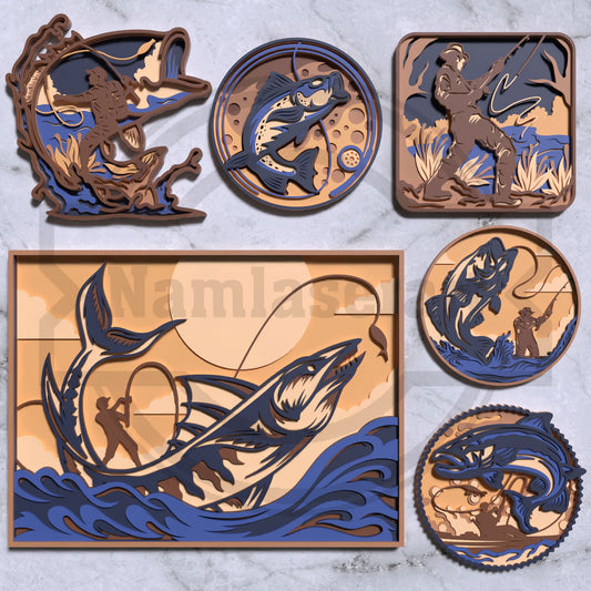 Fishing Shadow Box Bundle Laser Cut Files SVG DXF | 6 Layer Bass Fish Wall Art Templates | Glowforge LightBurn Digital Download