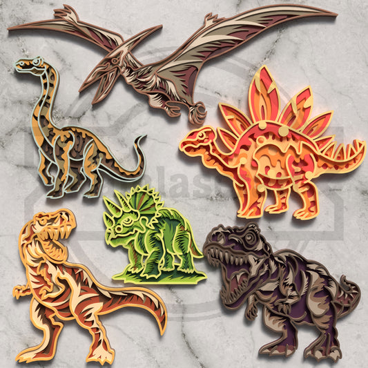 Dinosaur SVG Bundle | Multilayer Dinosaur Laser Cut Files | 6 Layered Jurassic Wall Art Designs for Glowforge, xTool, LightBurn & CNC