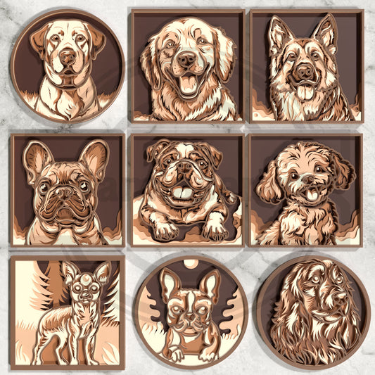 9 Multilayer Dog Design Laser Cut Bundle | Layered Dog Portrait SVG Files | Pet Lover Wall Art for Glowforge, xTool, LightBurn & CNC