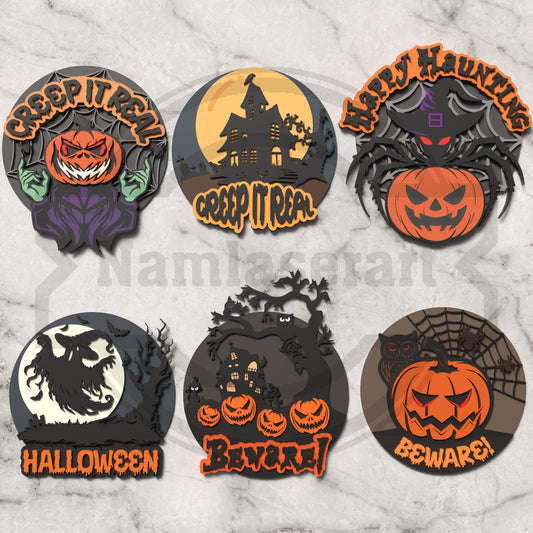Halloween Round Sign Bundle Laser Cut Files SVG DXF | Pumpkin Witch Haunted House Wall Decor | Glowforge LightBurn Digital Download