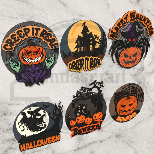 Halloween Round Sign Bundle Laser Cut Files SVG DXF | Pumpkin Witch Haunted House Wall Decor | Glowforge LightBurn Digital Download