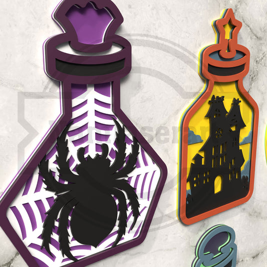 Halloween Potion Bottle Ornament Bundle Laser Cut Files SVG DXF | Spider Witch Zombie Cauldron 3mm Wood Templates | Glowforge LightBurn Digital Download