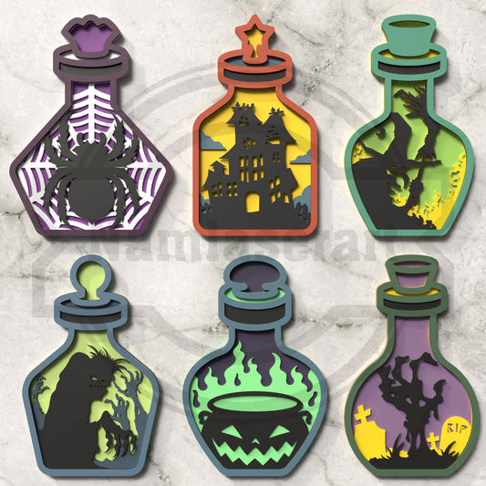 Halloween Potion Bottle Ornament Bundle Laser Cut Files SVG DXF | Spider Witch Zombie Cauldron 3mm Wood Templates | Glowforge LightBurn Digital Download