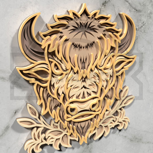 Multilayer Highland Cow Laser Cut 3D Bison Wreath Vector Design for All Laser Cutters xTool Glowforge CNC Wall Art