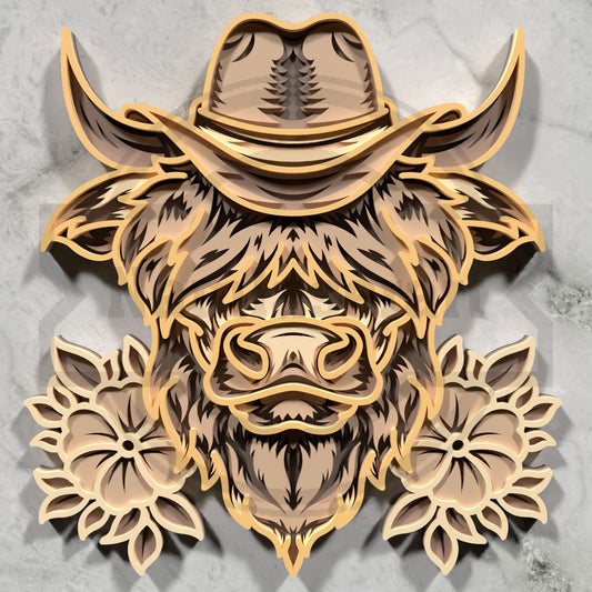 Multilayer Highland Cow Laser Cut 3D Cowboy Hat Floral Vector Design for All Laser Cutters xTool Glowforge CNC Wall Art