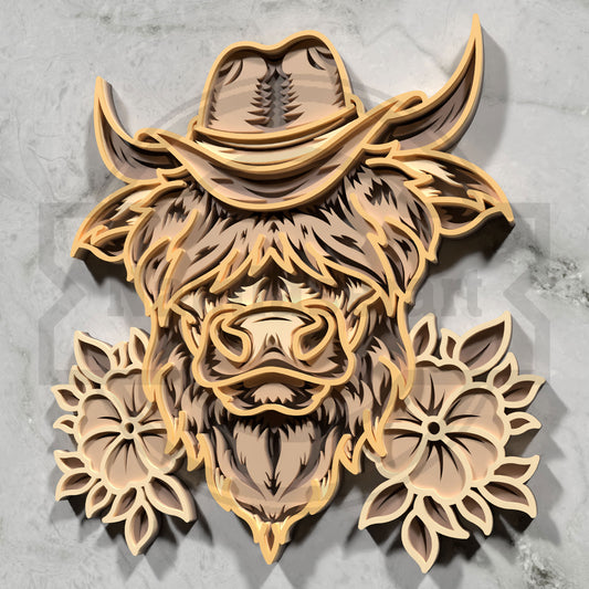 Multilayer Highland Cow Laser Cut 3D Cowboy Hat Floral Vector Design for All Laser Cutters xTool Glowforge CNC Wall Art