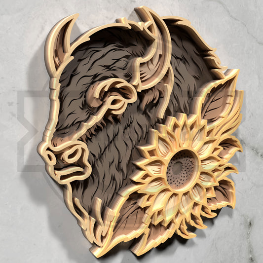 Multilayer Bison Sunflower Laser Cut 3D Buffalo Floral Profile Vector Design for All Laser Cutters xTool Glowforge CNC Wall Art