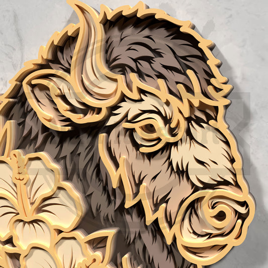 Multilayer Bison Hibiscus Laser Cut 3D Buffalo Tropical Floral Profile Vector Design for All Laser Cutters xTool Glowforge CNC Wall Art