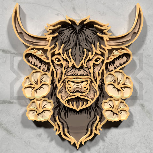 Multilayer Highland Cow Laser Cut 3D Longhorn Steer Tropical Hibiscus Vector Design for All Laser Cutters xTool Glowforge CNC Wall Art