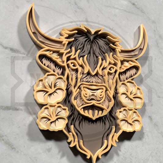 Multilayer Highland Cow Laser Cut 3D Longhorn Steer Tropical Hibiscus Vector Design for All Laser Cutters xTool Glowforge CNC Wall Art
