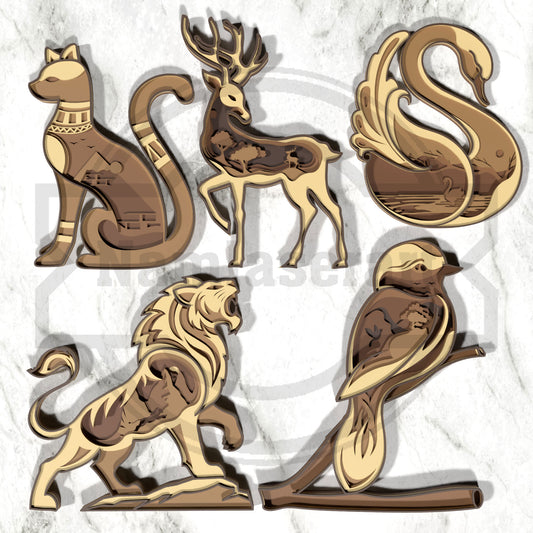 Layered Animal SVG Bundle | Deer, Lion, Swan, Cat & Bird Laser Cut Files | Wildlife Shadow Box Wood Art SVG for Glowforge & xTool