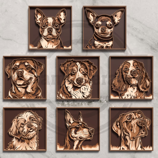 9 Multilayer Dog Portrait SVG Bundle | Layered Dog Face Laser Cut Files | Framed Pet Lover Wall Art for Glowforge, xTool, LightBurn & CNC