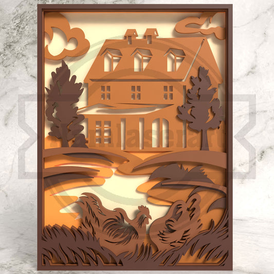 Farmhouse House Shadow Box Laser Cut File SVG DXF | Rooster Hen Country Wall Art | Glowforge LightBurn Digital Download