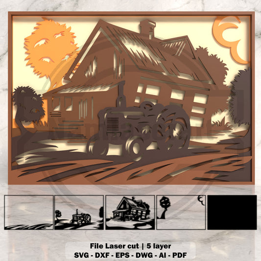 Farmhouse Tractor Shadow Box Laser Cut File SVG DXF | 5 Layer Barn Wall Art Template | Glowforge LightBurn Digital Download