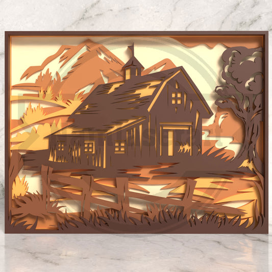 Farmhouse Barn Shadow Box Laser Cut File SVG DXF | 6 Layer Country Landscape Wall Art | Glowforge LightBurn Digital Download