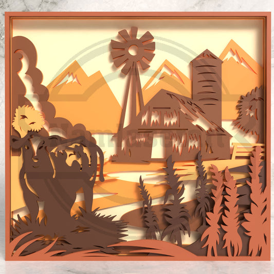 Cow Farm Barn Shadow Box Laser Cut File SVG DXF | 6 Layer Windmill Farmhouse Wall Art | Glowforge LightBurn Digital Download