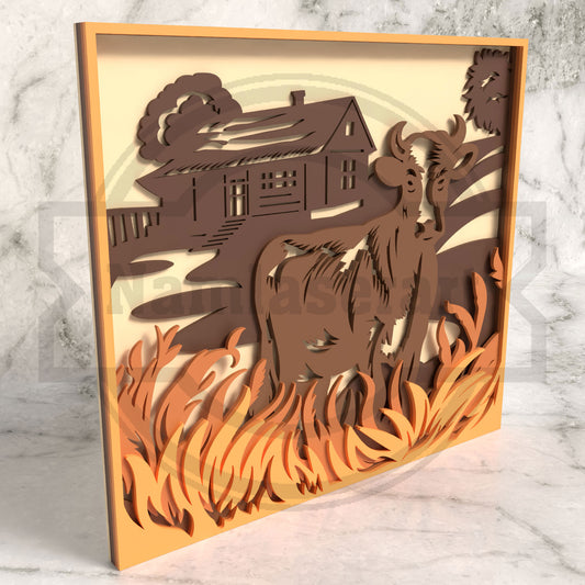 Cow Farmhouse Shadow Box Laser Cut File SVG DXF | 5 Layer Farm Animal Wall Art | Glowforge LightBurn Digital Download