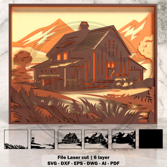 Farmhouse Barn Shadow Box Laser Cut File SVG DXF | 6 Layer Mountain Landscape Wall Art | Glowforge LightBurn Digital Download