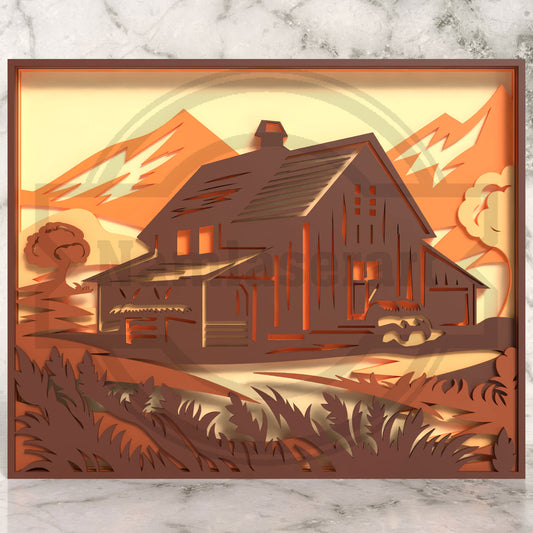 Farmhouse Barn Shadow Box Laser Cut File SVG DXF | 6 Layer Mountain Landscape Wall Art | Glowforge LightBurn Digital Download