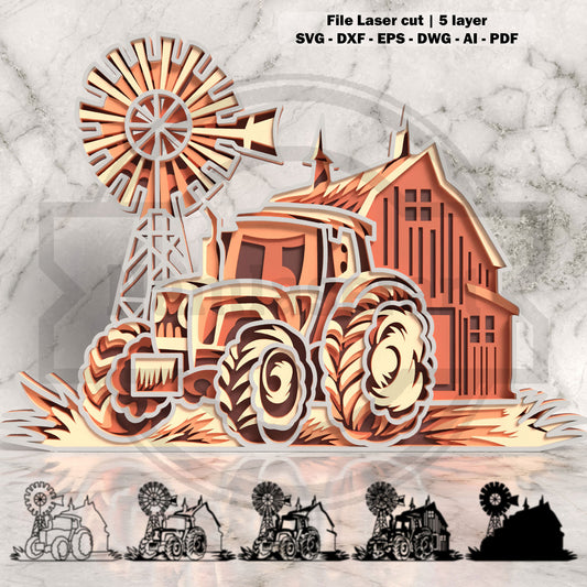 Farm Tractor Layered Laser Cut File SVG DXF | Barn Windmill Wall Art Template | Glowforge LightBurn Digital Download