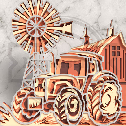 Farm Tractor Layered Laser Cut File SVG DXF | Barn Windmill Wall Art Template | Glowforge LightBurn Digital Download