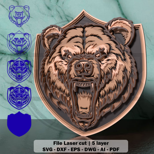Bear Trophy SVG | Layered Roaring Bear Wall Art SVG | 5 Layer Wildlife Laser Cut File for Glowforge, xTool & LightBurn