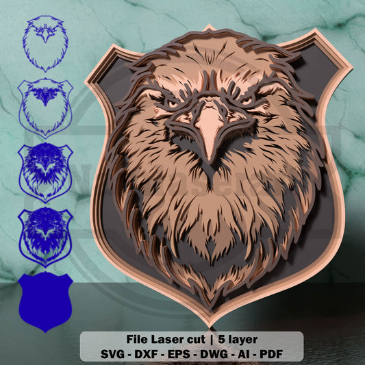 Eagle Trophy SVG | Layered Eagle Head Wall Art SVG | Wildlife Bird Laser Cut File | 5 Layer Glowforge & xTool Design